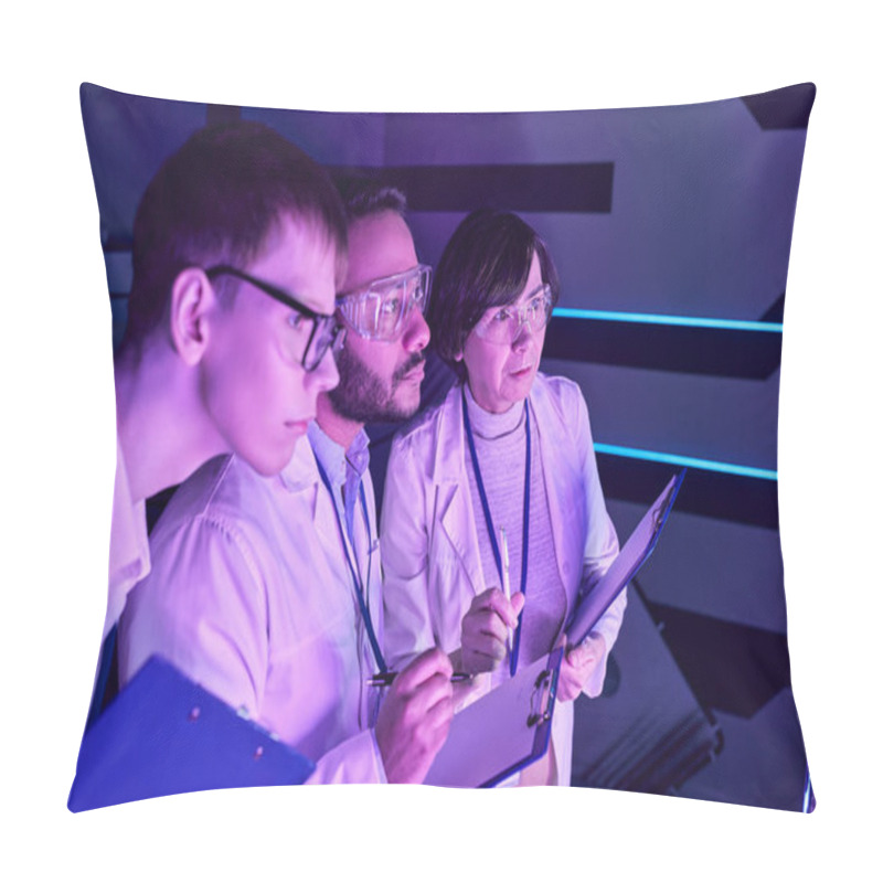 Personality  Futuristic Analysis: Three Scientists Delve Into Device Study In Neon-Lit Science Center. Pillow Covers