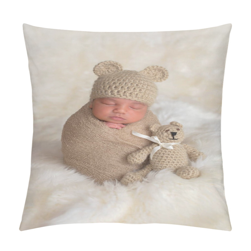 Personality  Nine Day Old Newborn Baby Boy Wearing A Tan, Crocheted Bear Hat. He Is Sleeping Upright While Swaddled With A Stretch Wrap. Pillow Covers