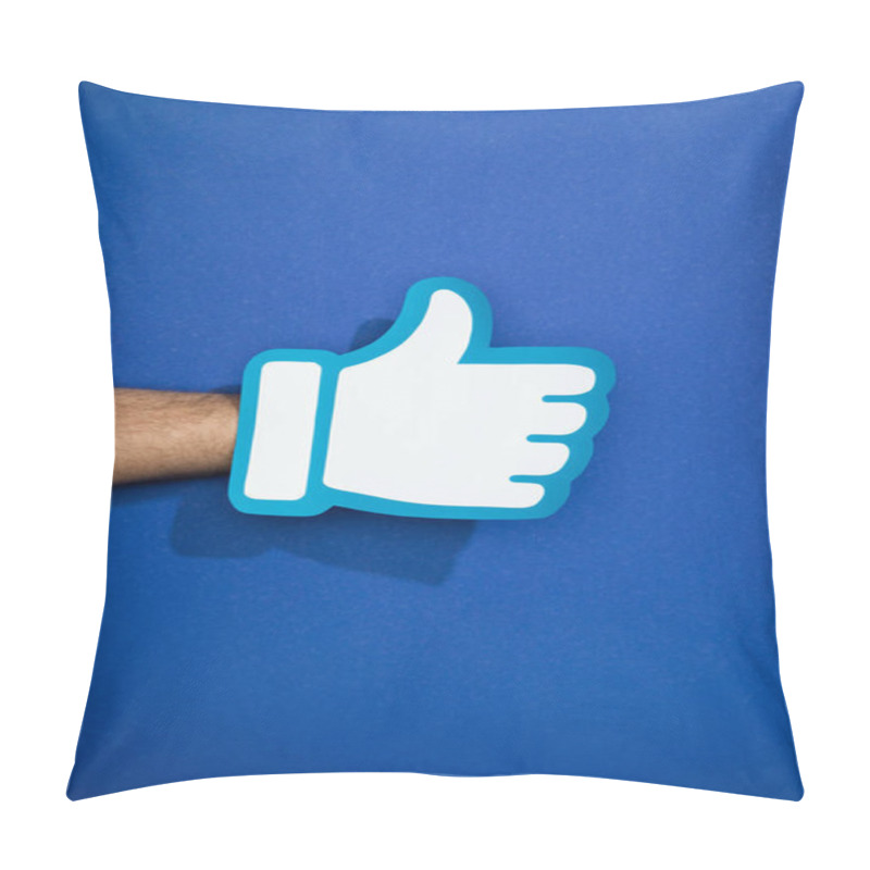 Personality  Cropped View Of Man Holding White Paper Thumb Up On Blue Pillow Covers