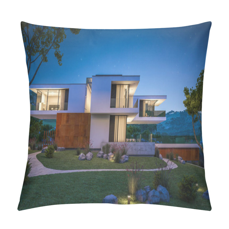 Personality  3d Rendering Of Modern House By The River At Night Pillow Covers