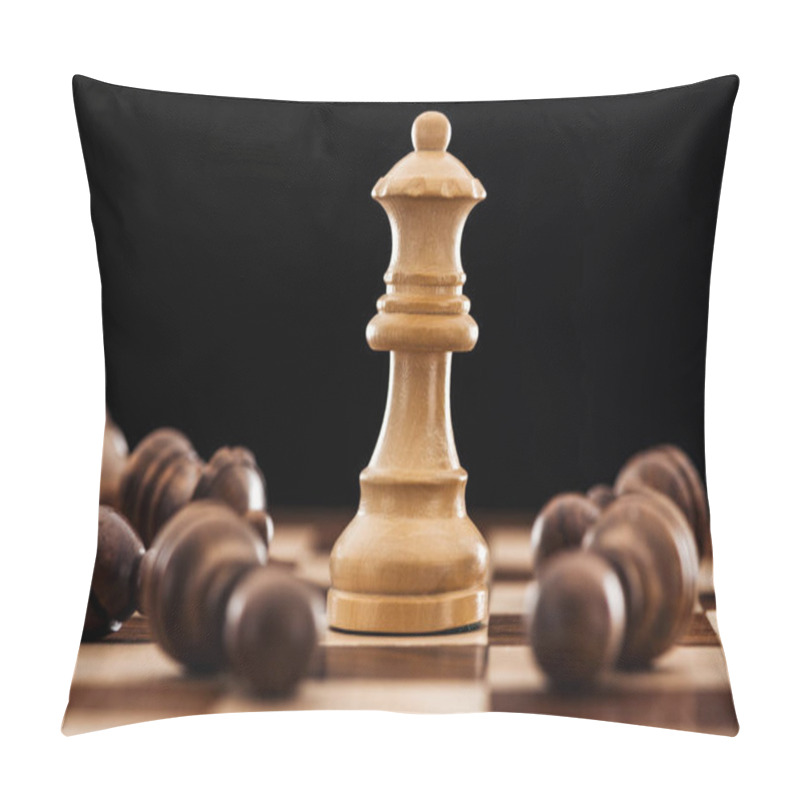 Personality  Close Up Of Chessboard With Scattered Wooden Figures And Queen Isolated On Black  Pillow Covers