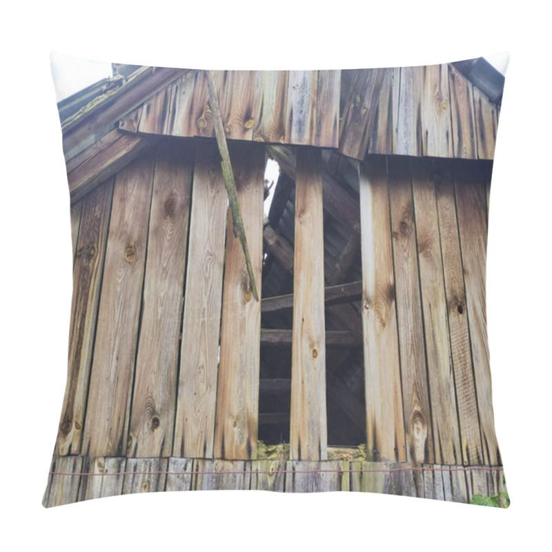 Personality  A Close-up Of A Rustic Wooden Barn Wall With Broken Planks And Nature Reclaiming Its Space Showcasing The Beauty Of Decay And Natural Textures. Pillow Covers