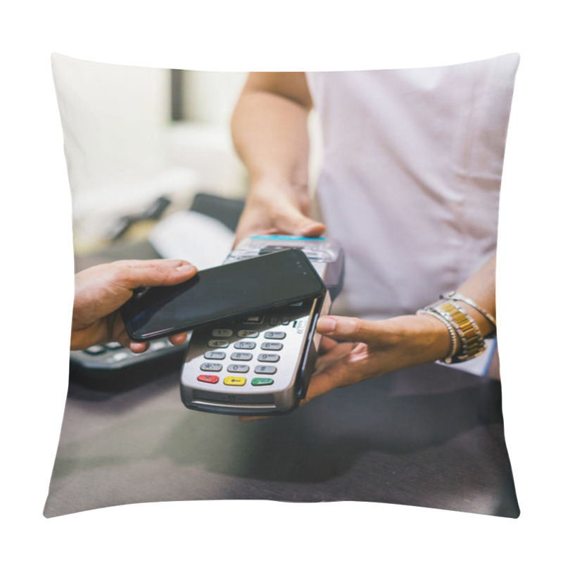 Personality  Woman Use Smartphone To Make Mobile Payment With Electronic Reader. Customer Paying With Near Field Communication, NFC Technology. People Use App In Mobile Phone For Online Shopping. Pillow Covers