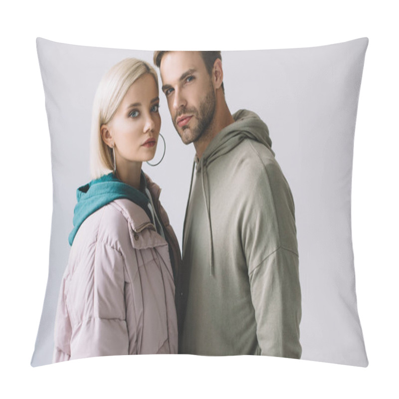 Personality  Stylish Blonde Girl And Bearded Man In Autumn Outfits Looking At Camera Isolated On Grey Pillow Covers