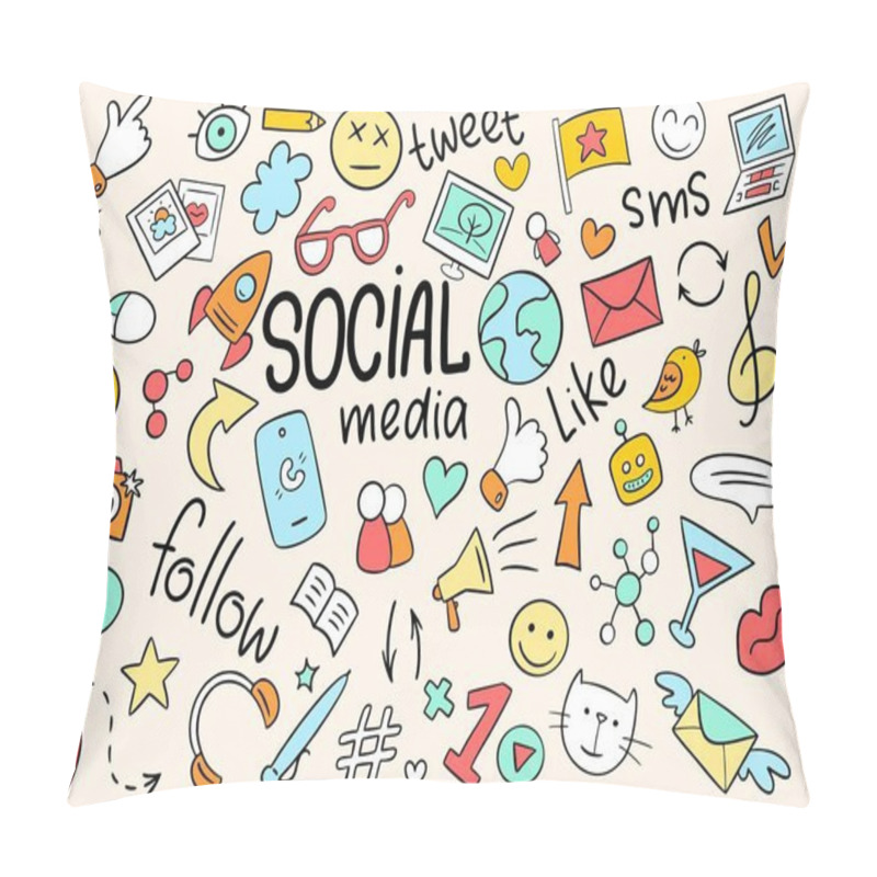 Personality  Colorful Social Media Doodle Background With Like, Robot, Smile, Earth, Hearts, Phone, Glasses, Arrows And Hand Written Words Pillow Covers