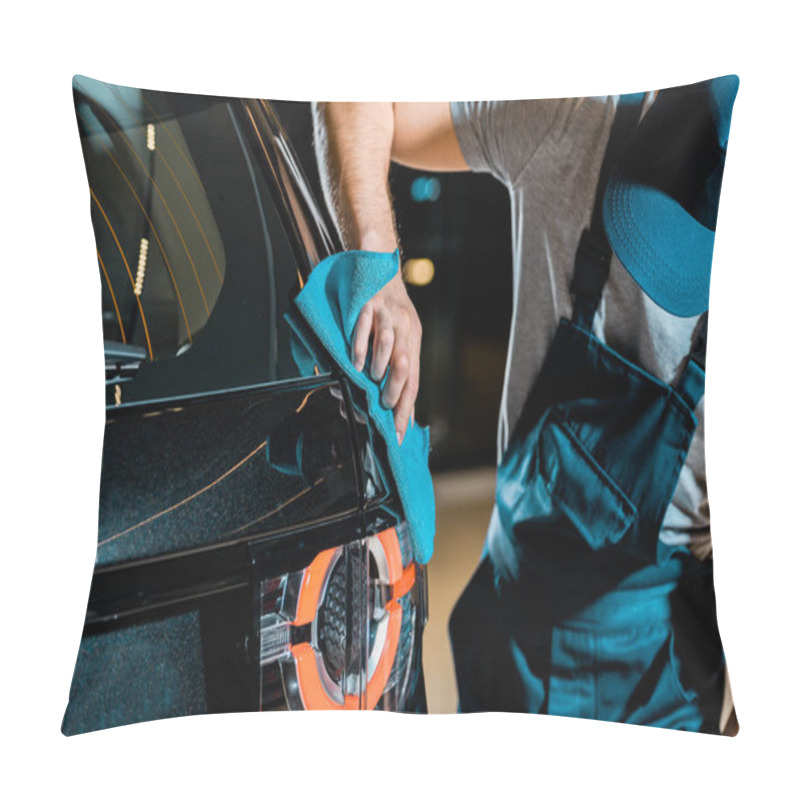 Personality  Partial View Of Auto Mechanic Cleaning Car With Rag At Auto Repair Shop Pillow Covers