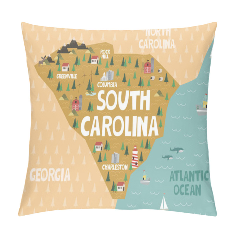 Personality  Illustrated Map Of The State Of South Carolina In United States With Cities And Landmarks. Editable Vector Illustration Pillow Covers