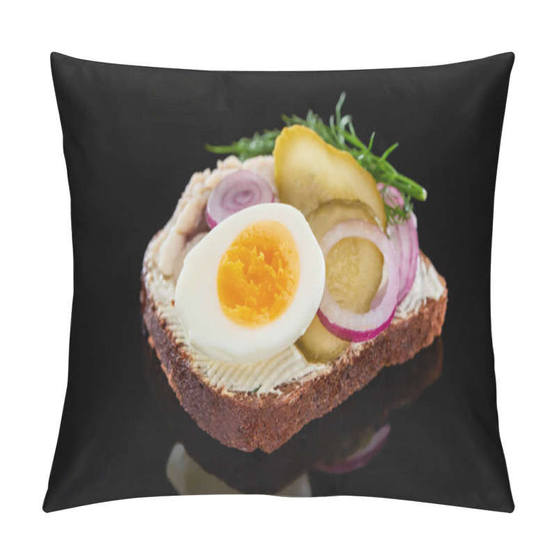 Personality  Close Up Of Boiled Egg On Delicious Danish Smorrebrod Sandwich On Black  Pillow Covers