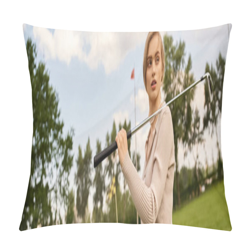 Personality  A Young Woman In Elegant Attire Skillfully Swings A Golf Club On The Green Field During A Leisurely Outing. Pillow Covers