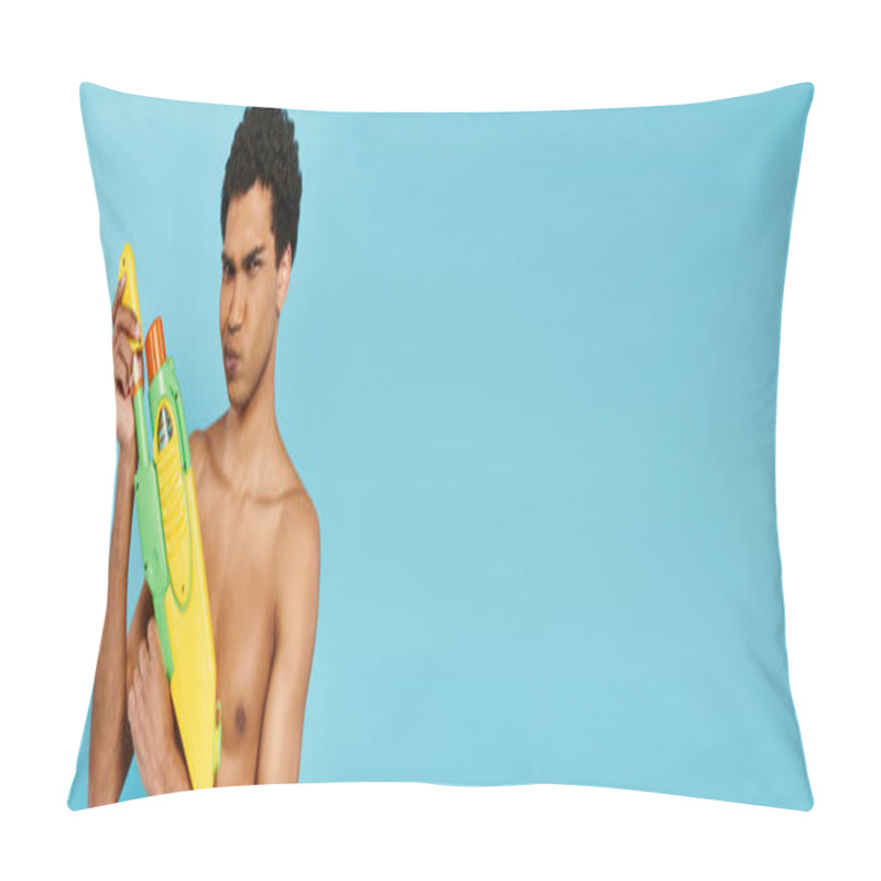 Personality  Handsome African American Man Posing With Water Gun And Looking At Camera On Blue Backdrop, Banner Pillow Covers