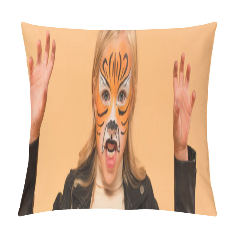 Personality  Girl With Tiger Face Painting Growling And Showing Scary Gesture Isolated On Beige, Banner Pillow Covers