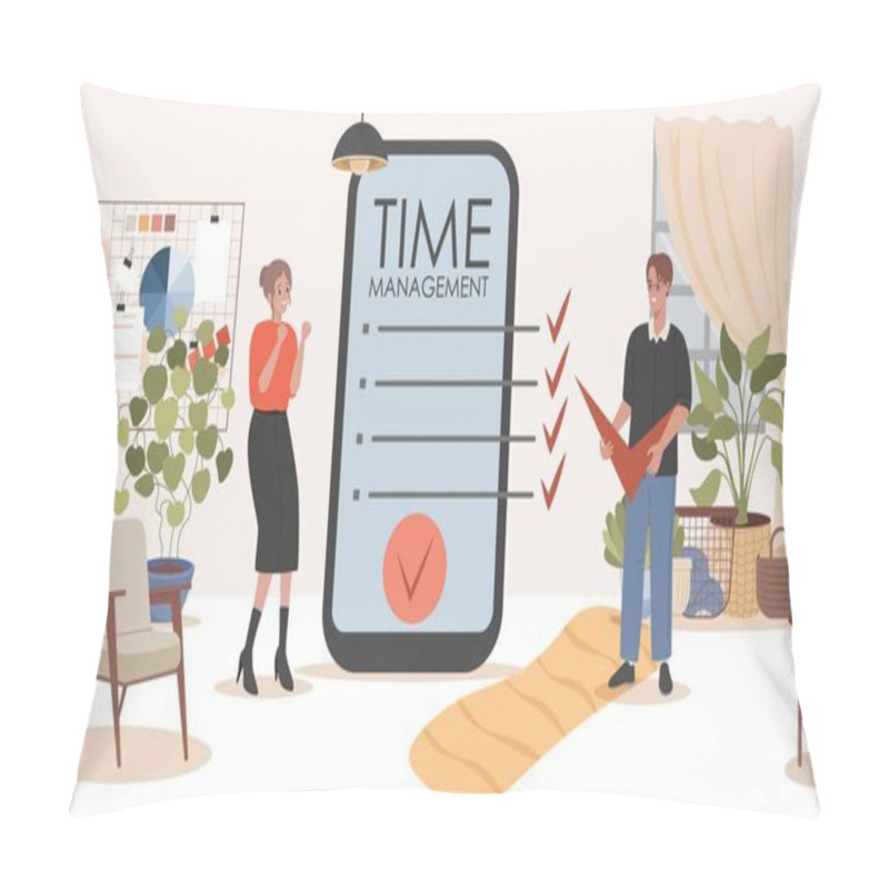 Personality  Time Management Mobile Application Vector Flat Illustration. Work Optimization And Organization. Pillow Covers