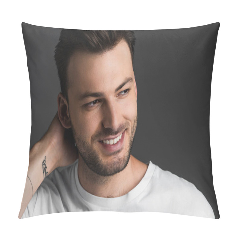 Personality  Portrait Of Brunette Man Smiling And Looking Away Isolated On Grey  Pillow Covers