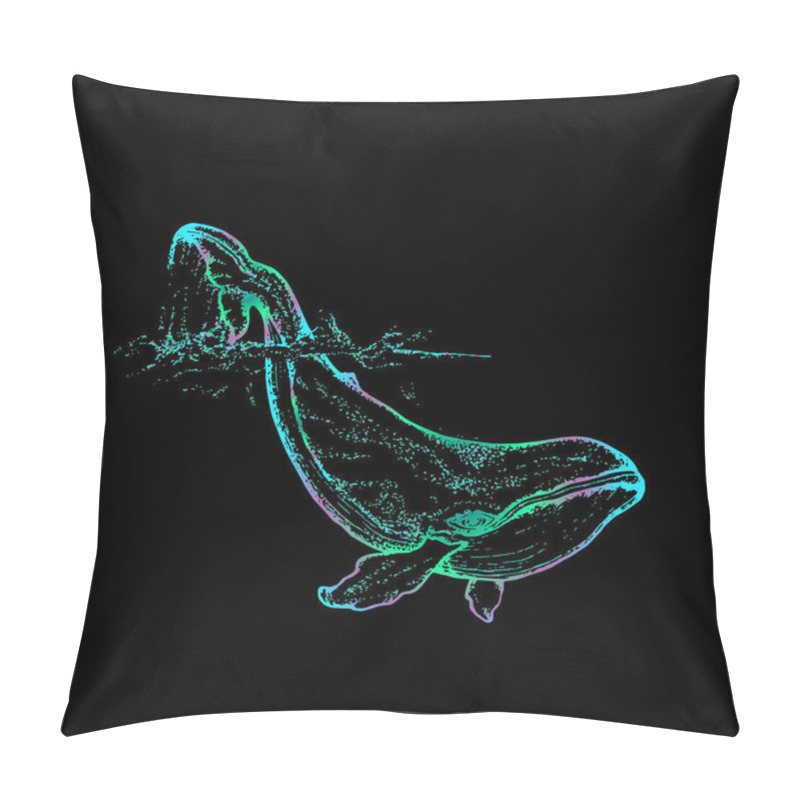 Personality  Neon Illustration Of A Whale Raising Tail In The Sea Waves. An Idea For A Tattoo. Pillow Covers