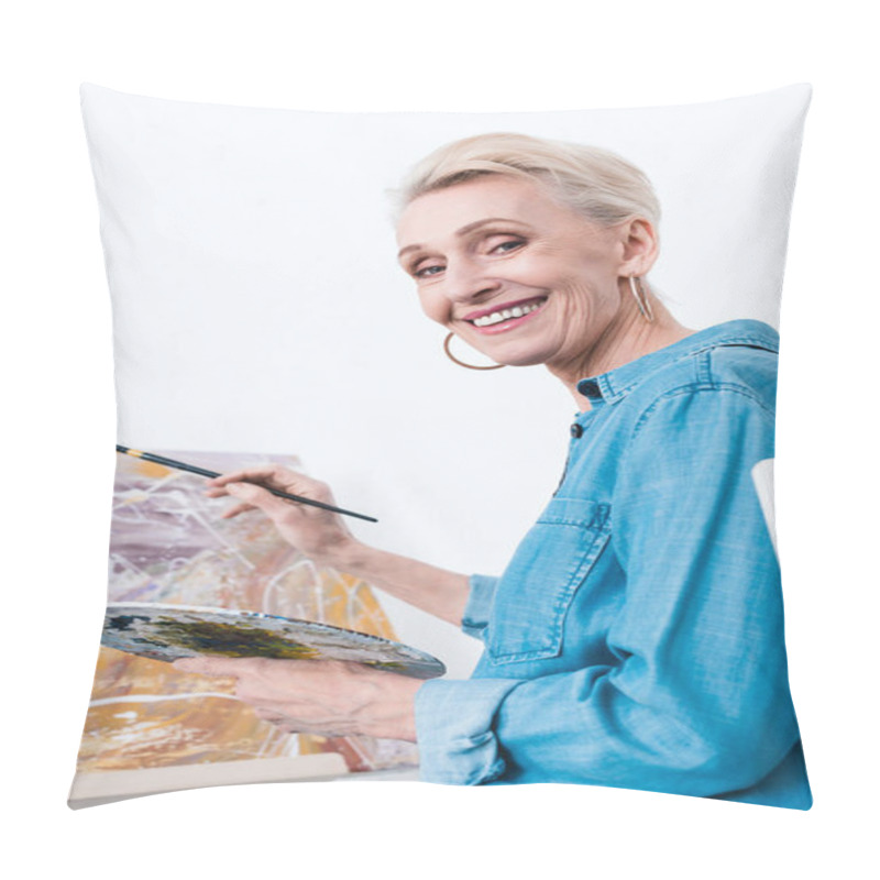 Personality  Senior Female Artist With Palette And Brush Painting In Workshop Pillow Covers