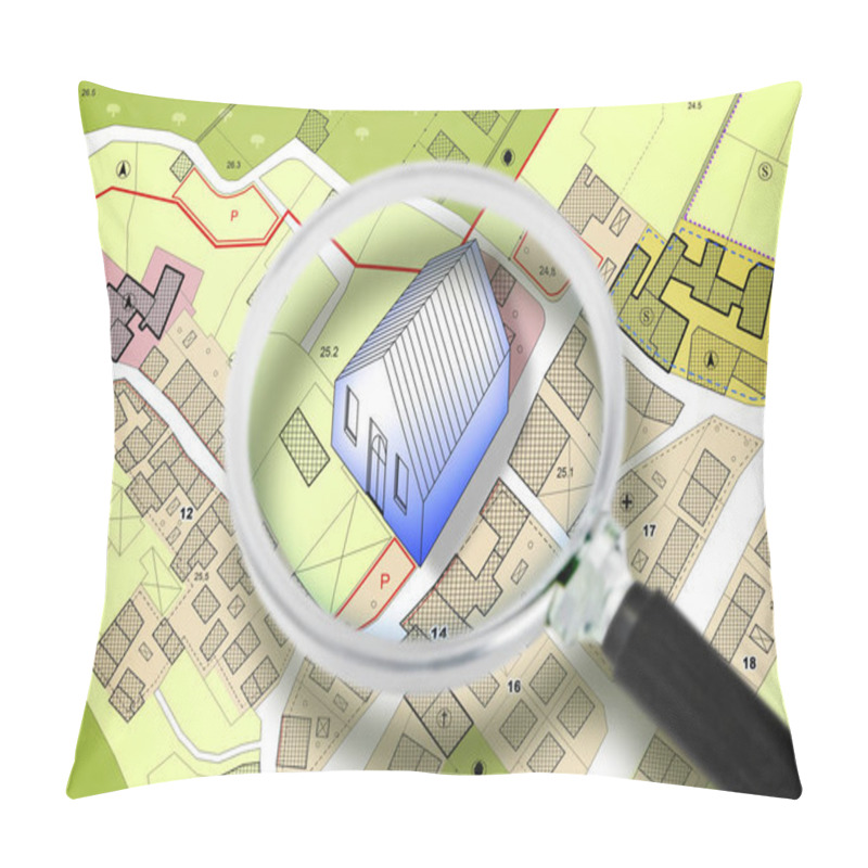 Personality  Searching New Home - Concept With An Imaginary General Urban Plan With Buildings, Roads And Magnifying Glass - NOTE: The Map Is Totally Invented And Does Not Represent Any Real Place Pillow Covers