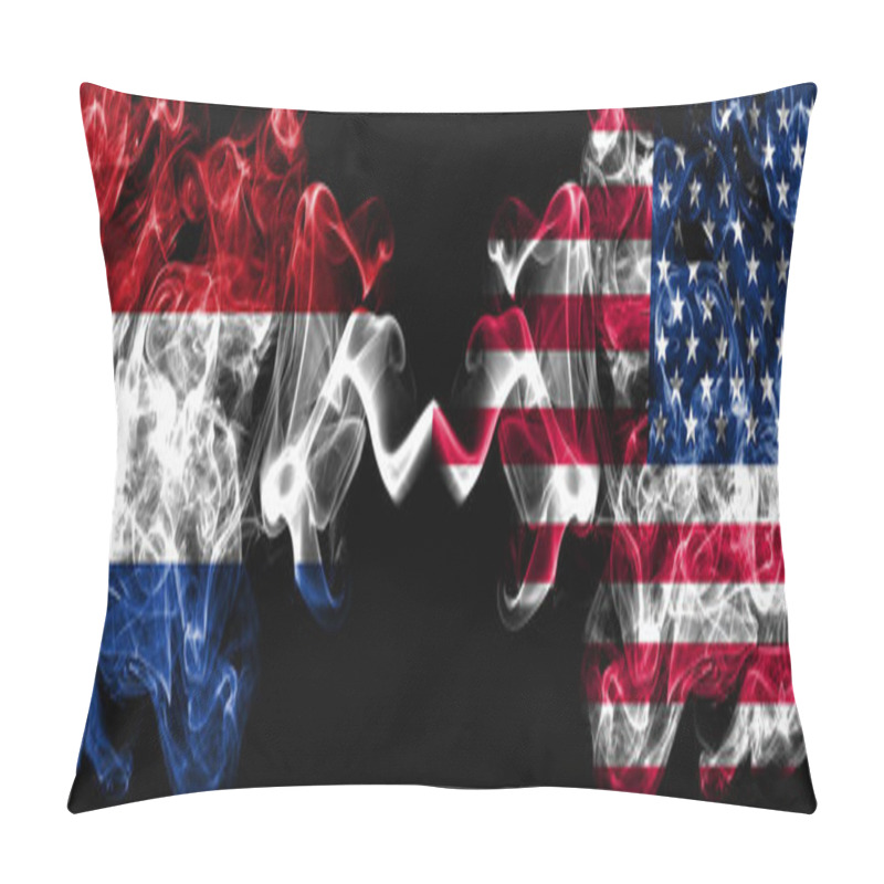 Personality  Netherlands Vs United States Of America, America, US, USA, American Smoky Mystic Flags Placed Side By Side. Thick Colored Silky Abstract Smoke Flags. Pillow Covers