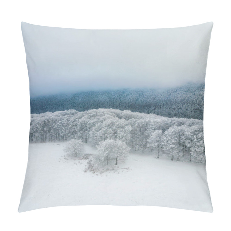 Personality  Snow Covered Forest. Minimalistic Landscape From Above. Aerial View Of Foggy Mountains. Abstract, Vintage Style.  Pillow Covers