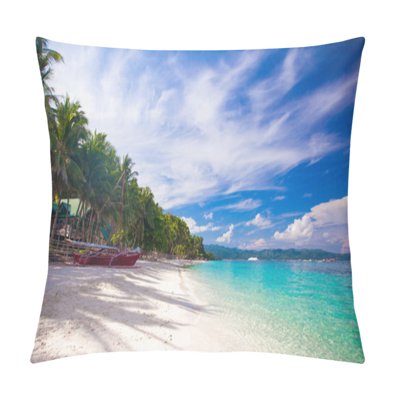 Personality  Tropical Beach With White Sand And A Small Boat Pillow Covers