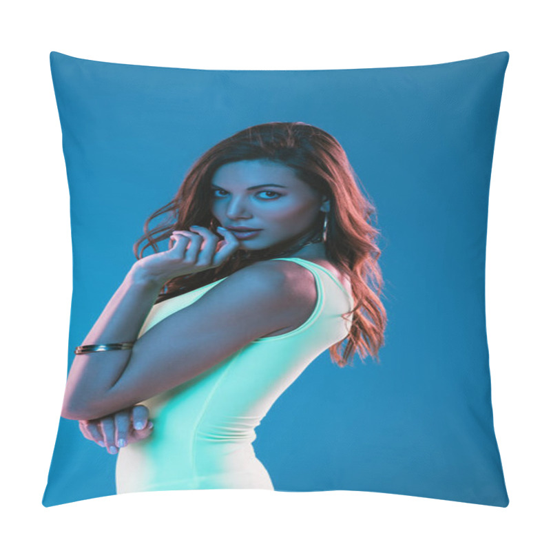 Personality  Sensual Girl In Swimsuit Holding Hand Near Face And Looking At Camera Isolated On Blue Pillow Covers