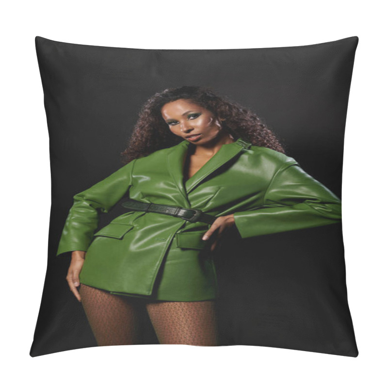 Personality  Confident Woman Poses In A Stunning Green Outfit, Showcasing Her Unique Style And Grace. Pillow Covers