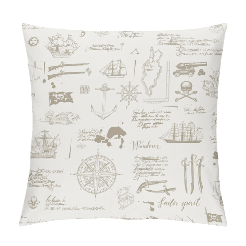 Personality  Vector Abstract Seamless Pattern On The Theme Of Pirate Adventures With Sketches And Illegible Notes. Vintage Background With Skull, Crossbones, Flag, Swords, Guns, Caravels And Other Nautical Symbols Pillow Covers