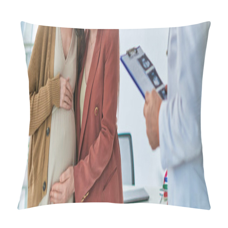 Personality  Cropped View Of Two Lesbians Expecting Baby And Their Doctor With Ultrasound, Ivf Concept, Banner Pillow Covers