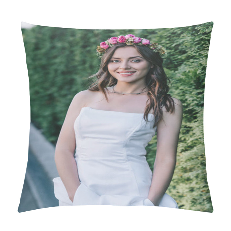 Personality  Smiling Girl Posing In Traditional White Wedding Dress And Floral Wreath Pillow Covers