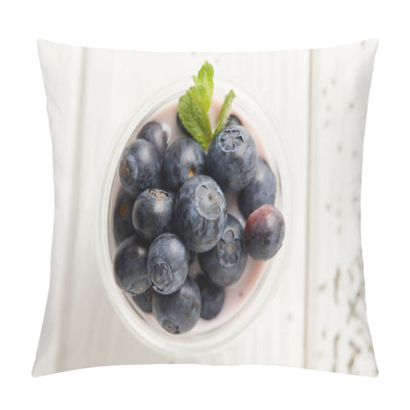 Personality  Top View Of Pudding With Blueberries And Mint On White Wooden Surface Pillow Covers