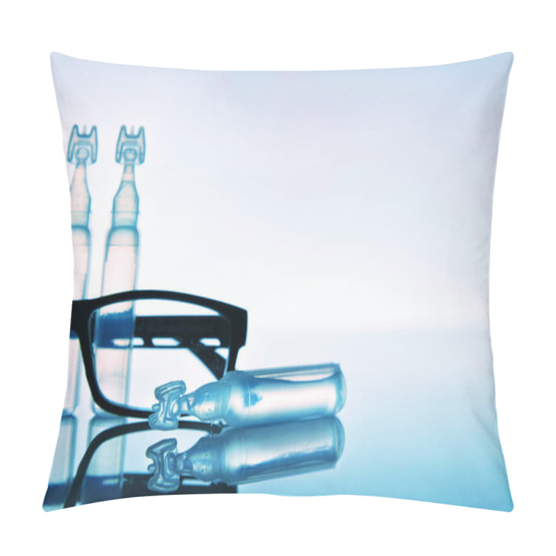 Personality  Lubricant Eye Drops With Eye Glasses And Blue Background Pillow Covers