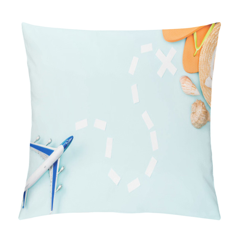 Personality  Top View Of Toy Plane, Dotted Line, Straw Hat, Seashells And Flip Flops On Blue Background Pillow Covers