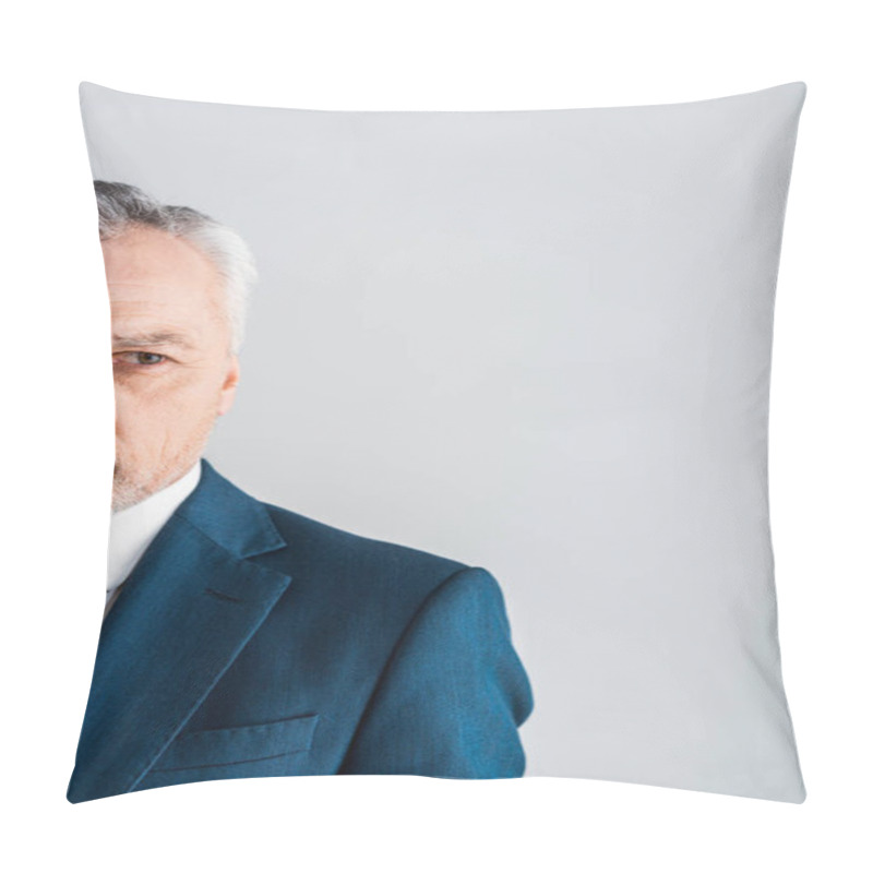 Personality  Cropped View Of Mature Businessman In Suit Standing Isolated On Grey Pillow Covers