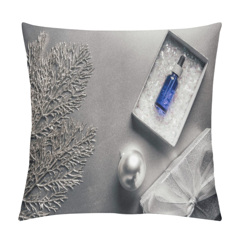 Personality  View From Above Of Serum In Gift Box And Christmas Ball With Fir Tree Branches On Silver  Pillow Covers