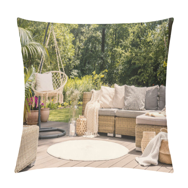 Personality  A Big Terrace With A Comfortable Leisure Sofa With Cushions, A Table And A String Swing In A Green Garden During Sunny Vacation. Pillow Covers