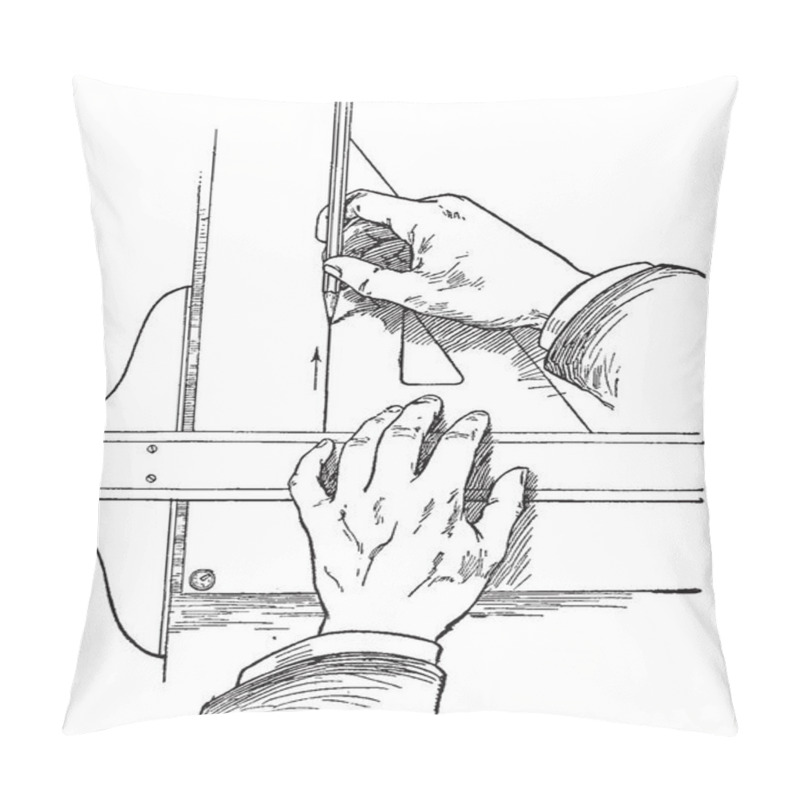 Personality  Drawing A Vertical Line Held Against The T-square, Restrict The Angle Of The Straight Line To Multiples, Vertical Line By Simply Using Height, Vintage Line Drawing Or Engraving Illustration. Pillow Covers