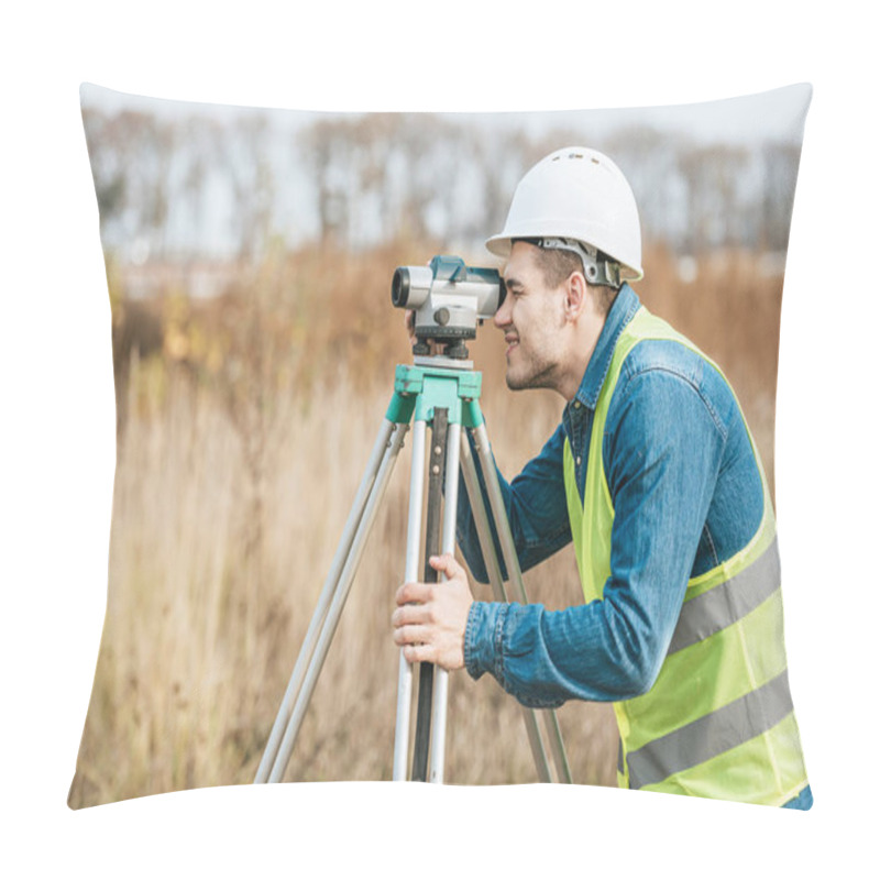 Personality  Side View Of Surveyor Looking Through Digital Level In Field Pillow Covers