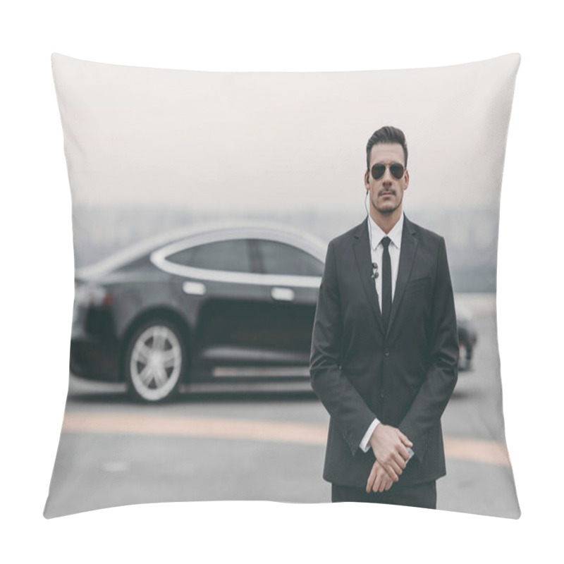 Personality  Serious Bodyguard Standing With Sunglasses And Security Earpiece On Helipad  Pillow Covers