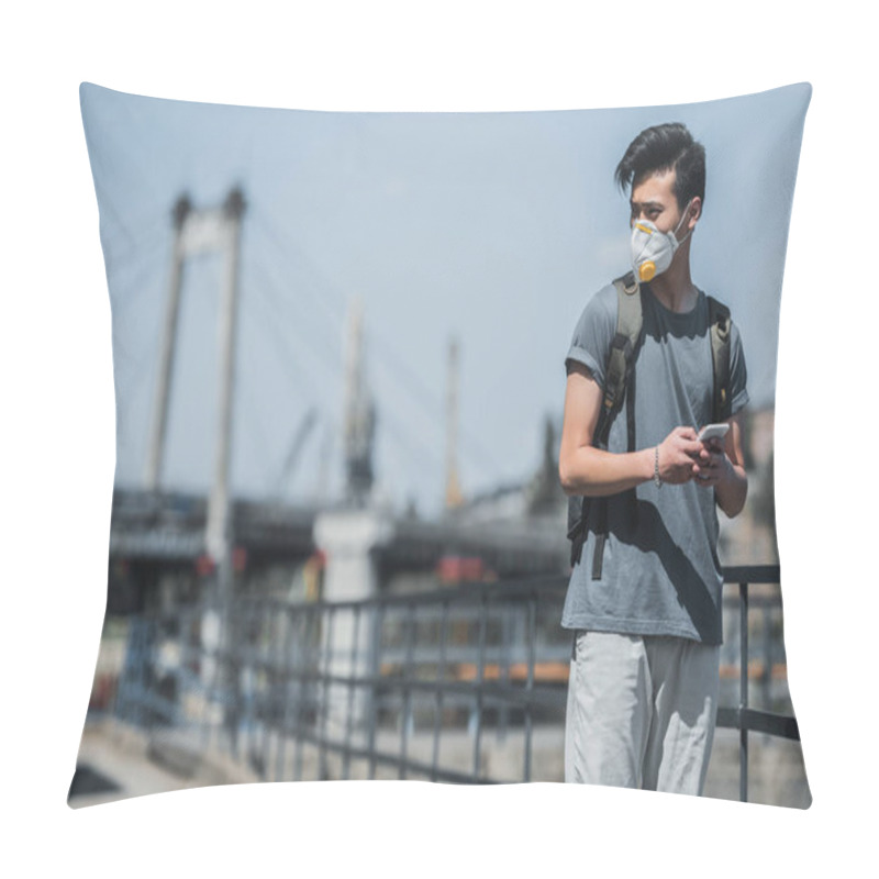 Personality  Asian Teen In Protective Mask Holding Smartphone And Looking Away, Air Pollution Concept Pillow Covers