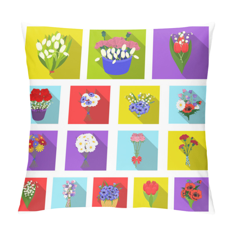 Personality  A Bouquet Of Fresh Flowers Flat Icons In Set Collection For Design. Various Bouquets Vector Symbol Stock Web Illustration. Pillow Covers