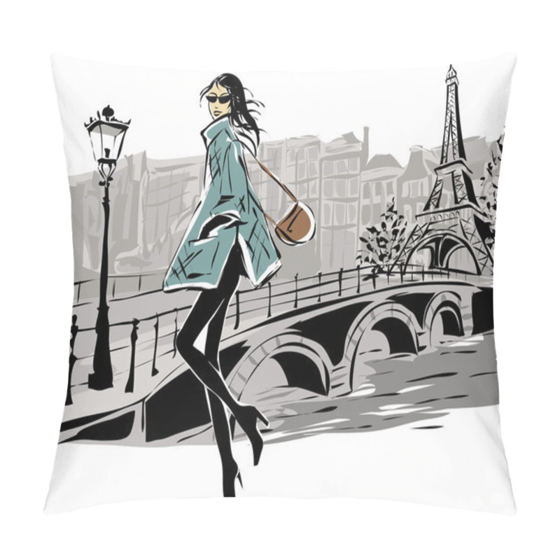 Personality  Fashion Models In Sketch Style Fall Winter With Paris City Background Pillow Covers