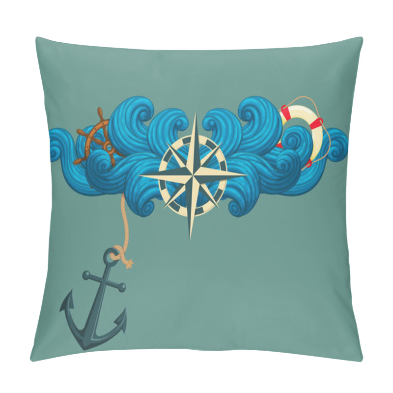 Personality  Vector Icon, Sticker, T-shirt Design, Label Design Template. Rose Of The Winds And Symmetrical Stylized Waves With Ship's Wheel, Lifebuoy And Anchor Isolated On White Background. Pillow Covers