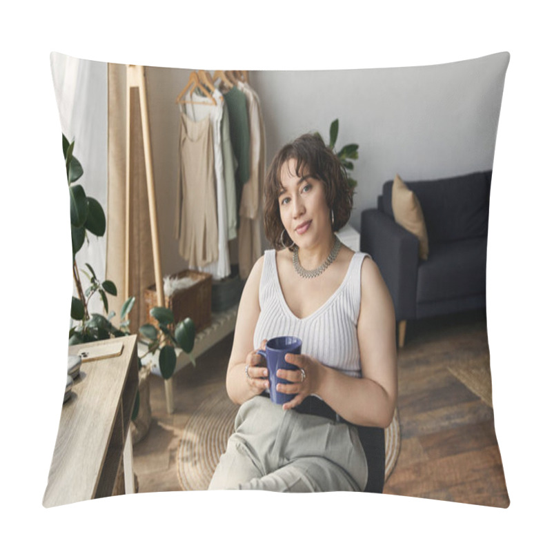 Personality  Young Woman With Curly Hair Relaxes With A Cup Of Coffee, Surrounded By Natural Light And Greenery. Pillow Covers