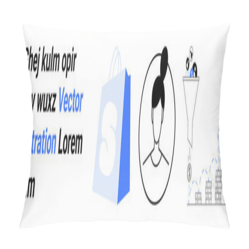 Personality  Shopping Bag, Female Avatar, And Data Funnel Leading To Money And Growth Targets. Ideal For E-commerce, Customer Profiling, Marketing Strategies, Sales Processes, Business Growth. Landing Page Pillow Covers