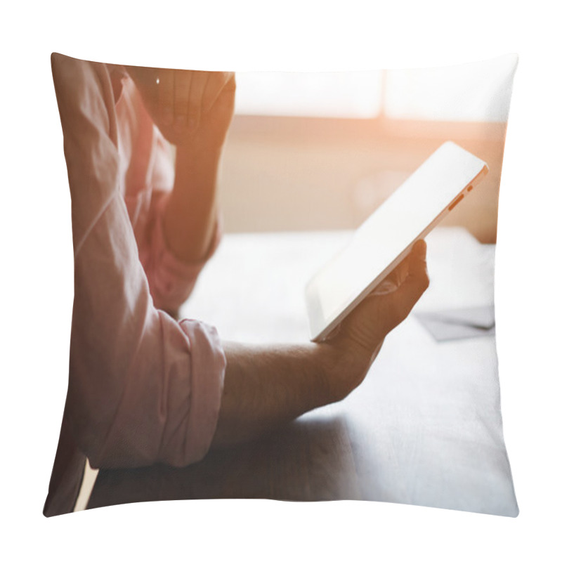 Personality  Experienced Entrepreneur Reading Some Text Or Electronic Book At The Office Pillow Covers