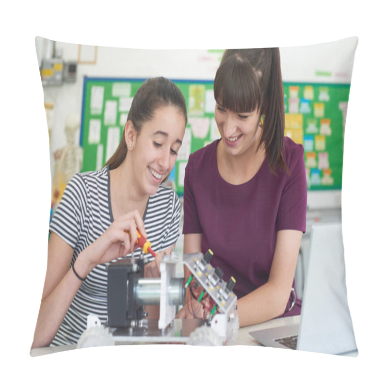 Personality  Teacher With Female Pupil Studying Robotics In Science Lesson Pillow Covers