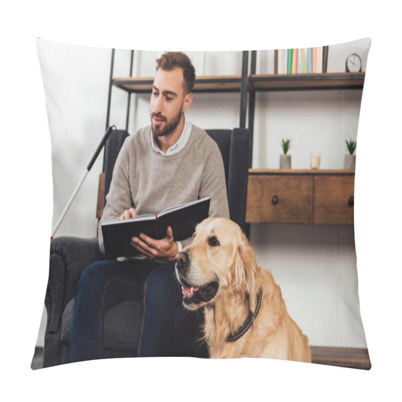 Personality  Selective Focus Of Golden Retriever Sitting Beside Blind Man Reading Book At Home Pillow Covers