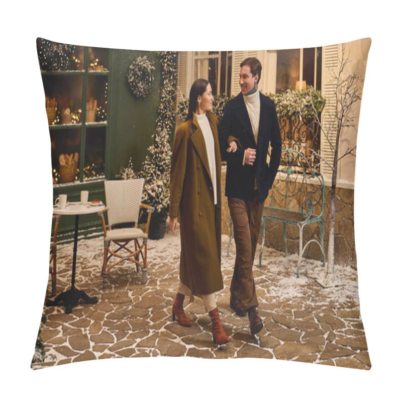 Personality  A Young Couple Enjoys A Cozy Winter Evening Walk In A Charming, Snow Covered Courtyard. Pillow Covers