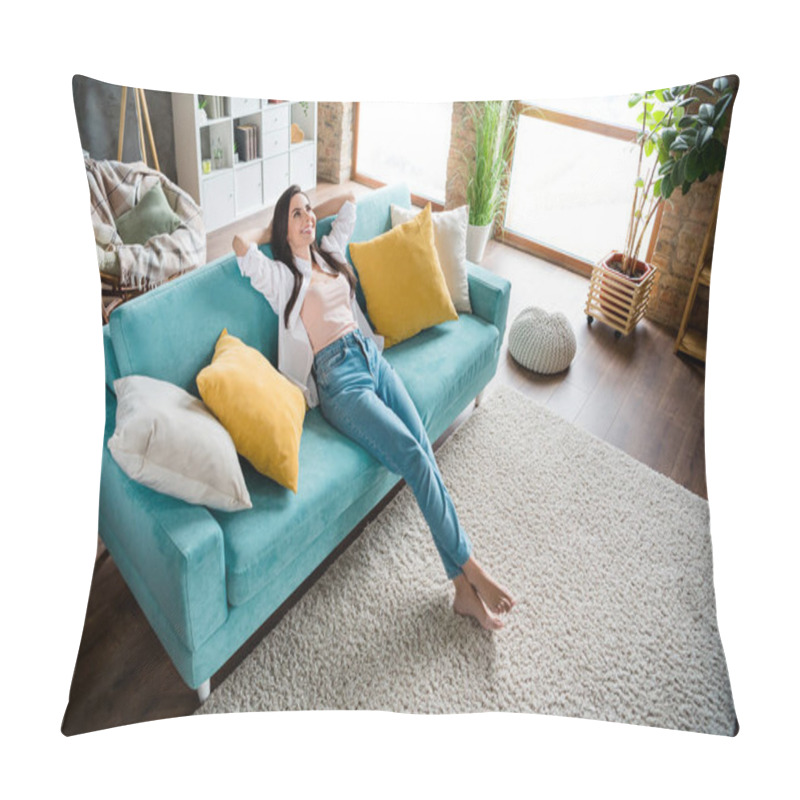 Personality  Top View Photo Of Pretty Lady Sitting Modern Divan Resting Thinking About Holidays In House Indoors. Pillow Covers