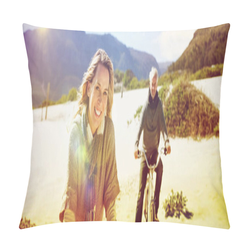 Personality  Carefree Couple Going On A Bike Ride On The Beach On A Bright But Cool Day Pillow Covers