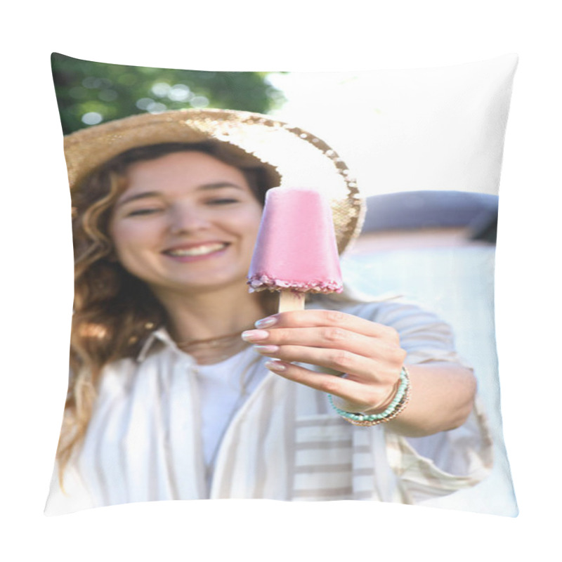 Personality  Fruit Ice Pop In Hand Of Young Woman Pillow Covers